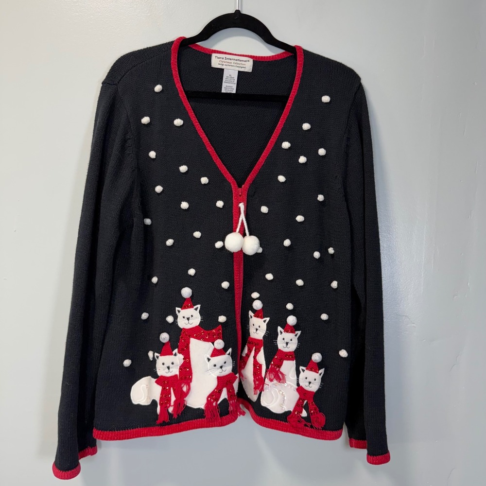 Tiara International Christmas Collection Vintage Cat Cardigan XL Black Red Zip